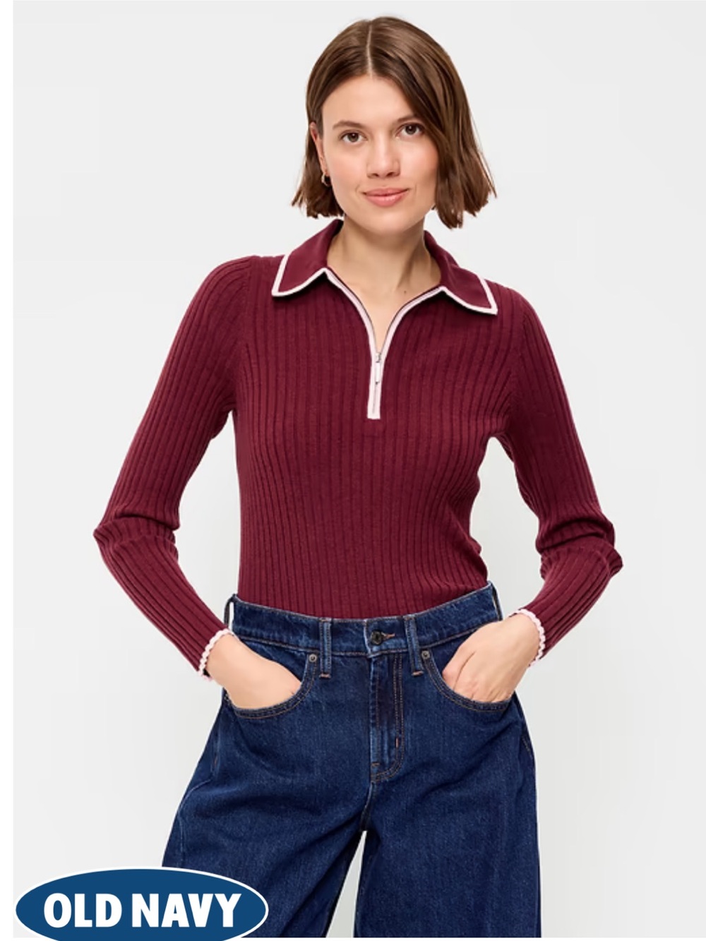 OLD NAVY Ribbed Half-Zip Polo Sweater in Burgundy with Pink Trim NWT